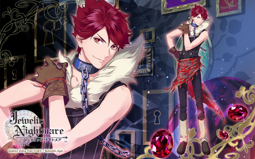 1boy 2013 boots brown_gloves chain choker company_name copyright_name diamond-shaped_pupils fur_trim gem gloves highres jewelic_nightmare male_focus official_art pants red_eyes redhead ru_(jewelic_nightmare) shirt sleeveless sleeveless_shirt smile solo spiky_hair standing symbol-shaped_pupils togari_kou yamamoto_kana zoom_layer