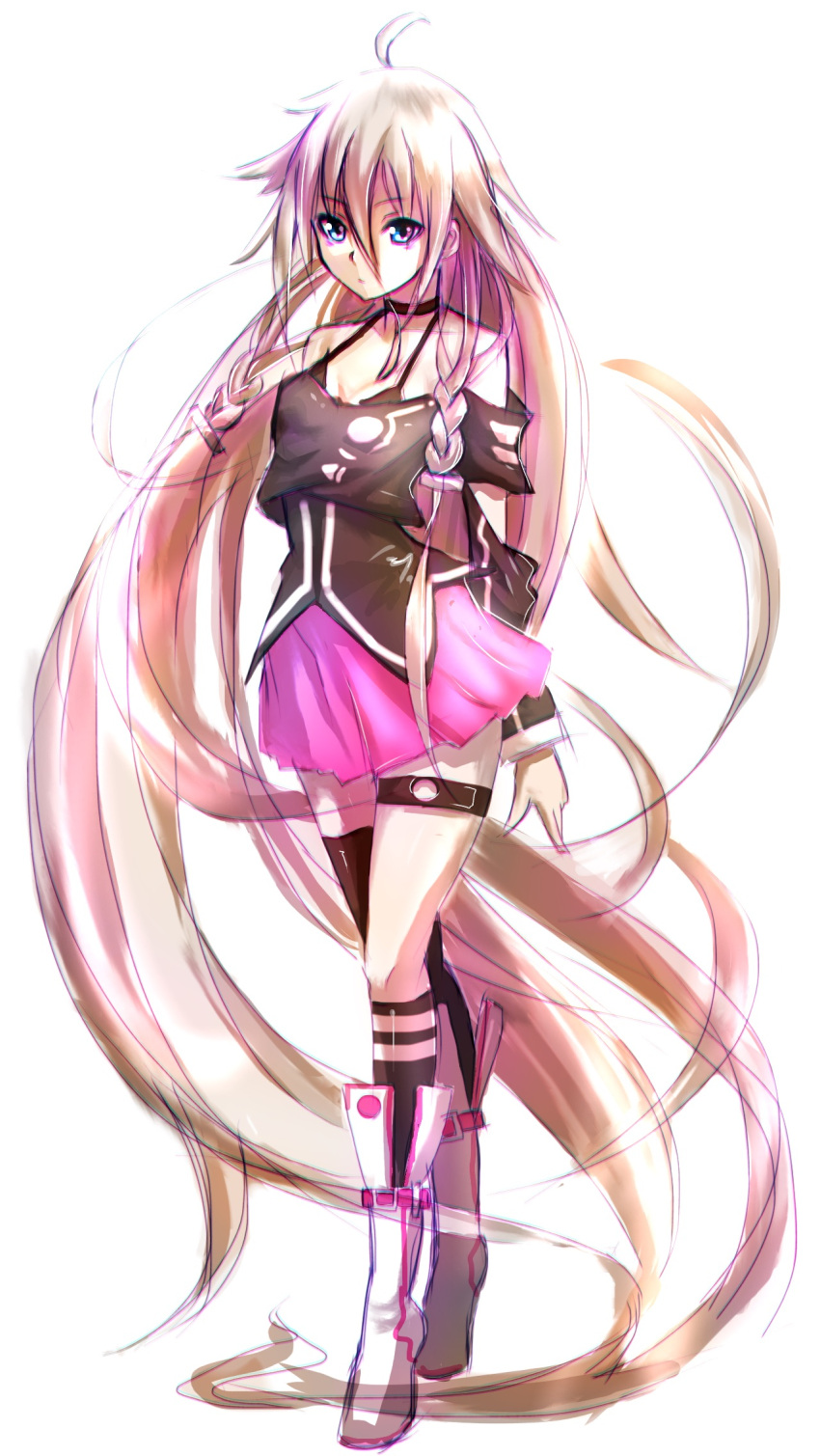 1girl absurdly_long_hair ahoge bare_shoulders blue_eyes boots braid choker dio_uryyy full_body highres ia_(vocaloid) long_hair looking_at_viewer pink_hair single_thighhigh skirt solo tagme thigh-highs thigh_strap twin_braids very_long_hair vocaloid white_background
