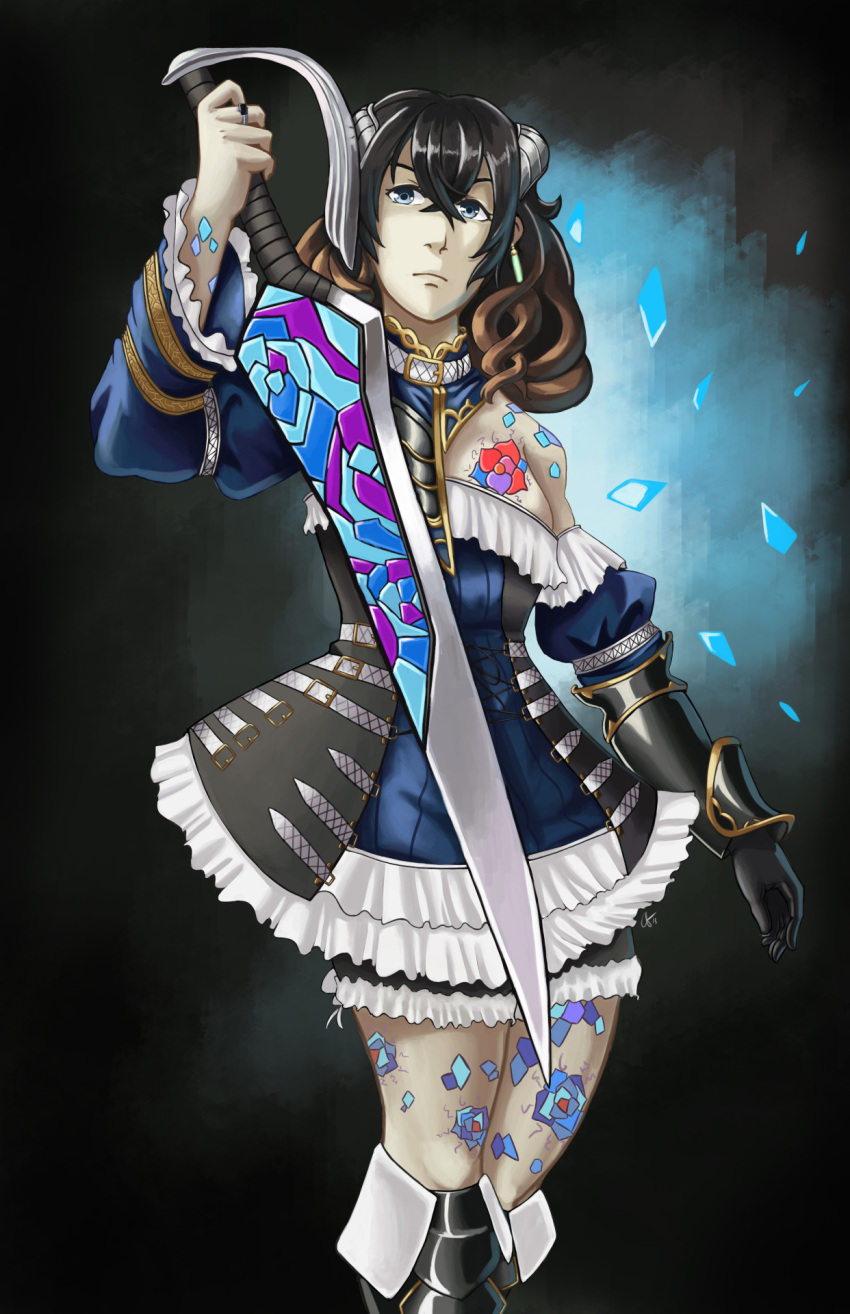 1girl armor armored_dress asymmetrical_clothes bare_shoulders black_hair bloodstained:_ritual_of_the_night blue_eyes brown_hair earrings gradient_hair hair_between_eyes highres horns jewelry knerr miriam_(bloodstained) mismatched_sleeves multicolored_hair pale_skin reverse_grip ring short_hair single_gauntlet solo sword tattoo weapon