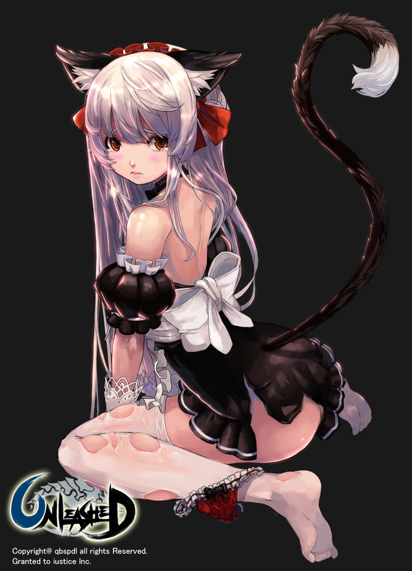 1girl absurdres animal_ears apron bare_shoulders blush cat_ears cat_tail detached_collar frilled_panties frills gloves grey_background highres long_hair looking_at_viewer looking_back panties panties_around_one_leg qbspdl red_eyes red_panties silver_hair simple_background sitting solo tail tears thigh-highs torn_clothes torn_thighhighs underwear unleashed waist_apron wariza watermark white_gloves white_legwear