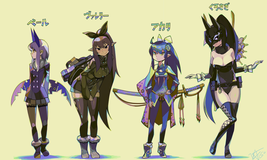 4girls ankle_boots blue_hair boots breasts capelet cleavage eric_muentes flat_chest full_body gloves hands_on_hips highres large_breasts leaning_forward lineup low_wings mask multiple_girls ootachi pantyhose payot phantasy_star phantasy_star_online_2 pointy_ears ponytail standing sweatdrop tagme thigh-highs thigh_boots white_gloves wings