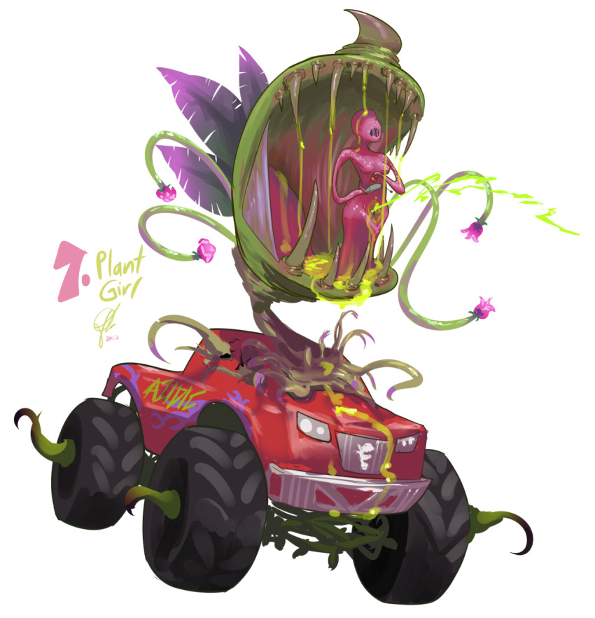 1girl commentary controller highres monster_girl monster_truck no_eyes open_mouth original pink_skin plant_girl remote_control stitched_mouth suggestive_fluid triple-q vines what