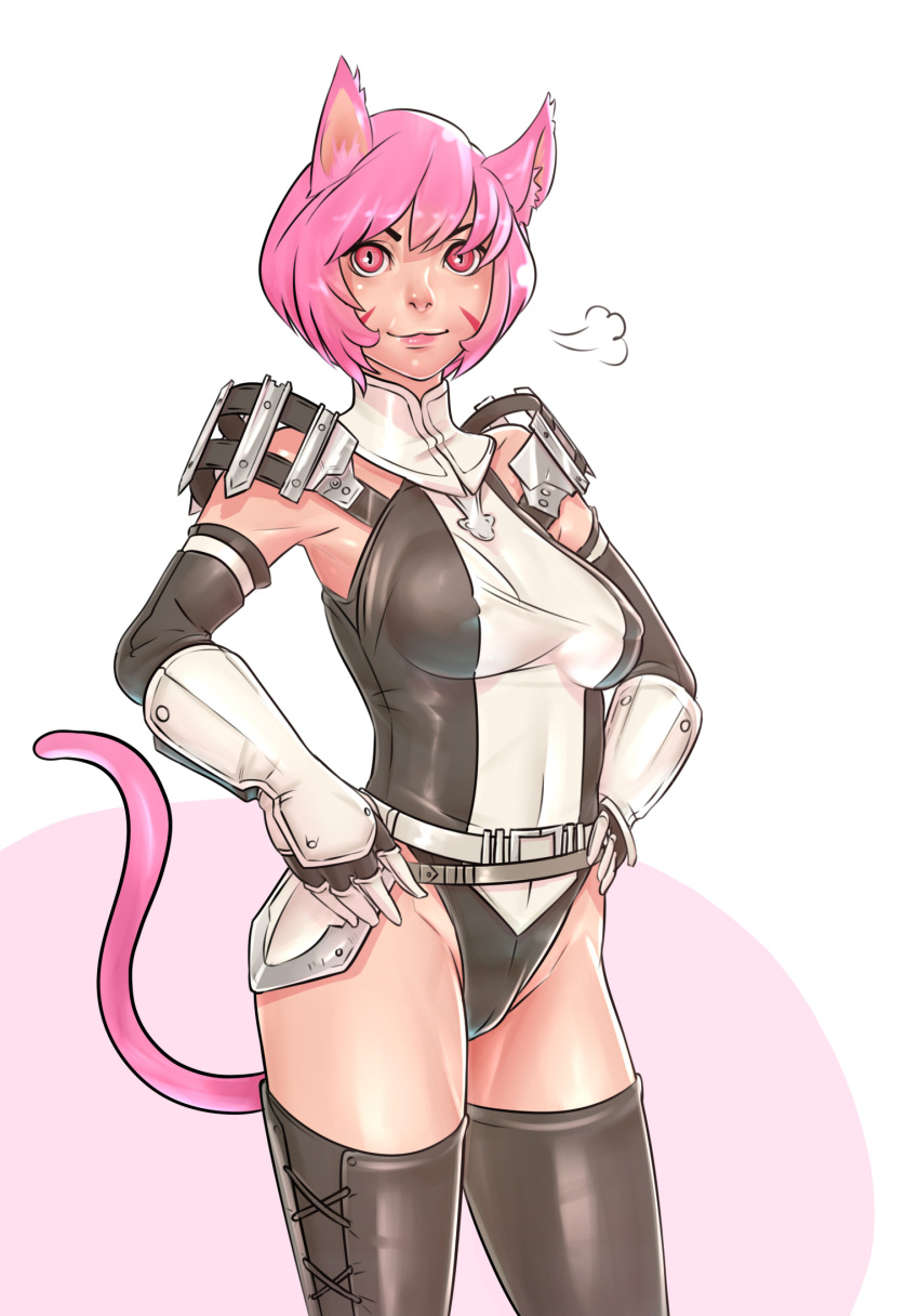 1girl animal_ears black_legwear boots breasts cat_ears cat_tail cowboy_shot elbow_gloves faulds final_fantasy final_fantasy_xi gloves hands_on_hips highres john_doe leotard lips mithra nose pauldrons pink_eyes pink_hair short_hair smile solo tail thigh-highs thigh_boots unaligned_breasts vambraces