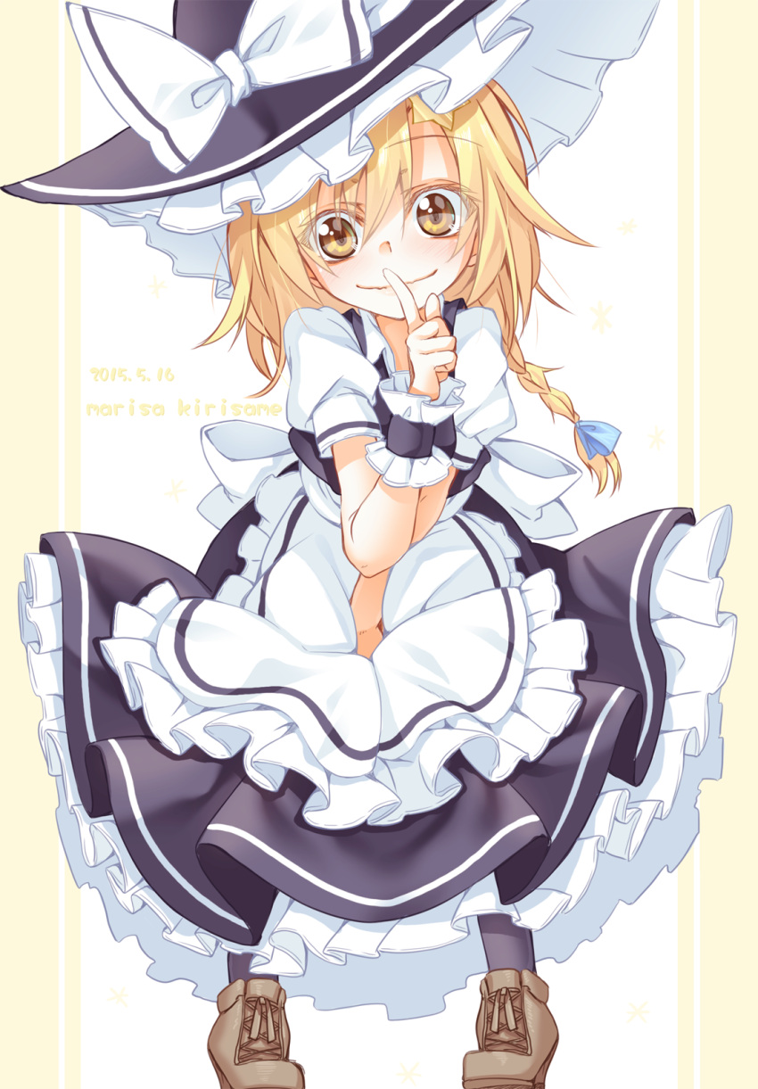 1girl apron black_dress blonde_hair bow braid dress finger_to_mouth hat hat_bow highres ina_(inadahime) kirisame_marisa long_sleeves puffy_short_sleeves puffy_sleeves shirt short_sleeves shushing single_braid smile solo touhou waist_apron witch_hat wrist_cuffs yellow_eyes