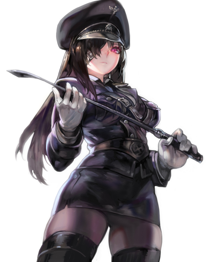 1girl aoin borrowed_character breasts brown_hair eyepatch hat highres lips long_hair military military_hat military_uniform nazi necktie original pink_eyes riding_crop skirt solo swastika thigh-highs thighs uniform