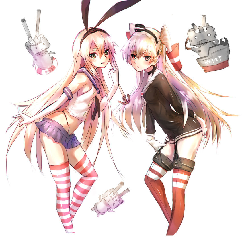 2girls :o amatsukaze_(kantai_collection) bare_shoulders black_panties blonde_hair brown_eyes choker dio_uryyy elbow_gloves garter_straps gloves grin hairband hand_on_ass hand_on_own_thigh hat highleg highleg_panties highres kantai_collection leaning_forward long_hair multiple_girls open_mouth panties red_legwear rensouhou-chan rensouhou-kun sailor_dress shimakaze_(kantai_collection) silver_hair skirt smile striped striped_legwear thigh-highs two_side_up underwear white_gloves