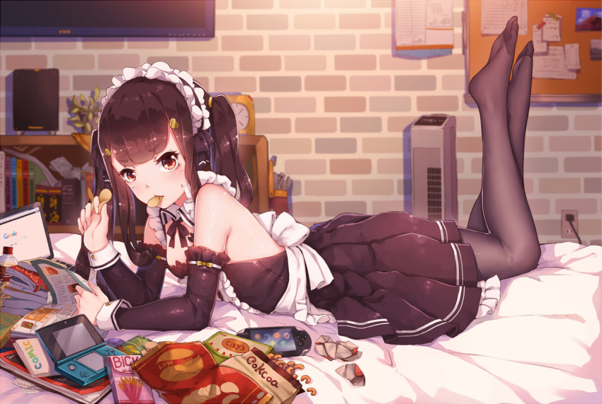 1girl black_dress black_hair blush book bookshelf bottle chips detached_sleeves dress fangxiang_cuoluan food hime_cut looking_at_viewer maid_headdress nintendo_ds original outlet pantyhose photo_(object) plant playstation_vita pocky solo sweatdrop television twintails