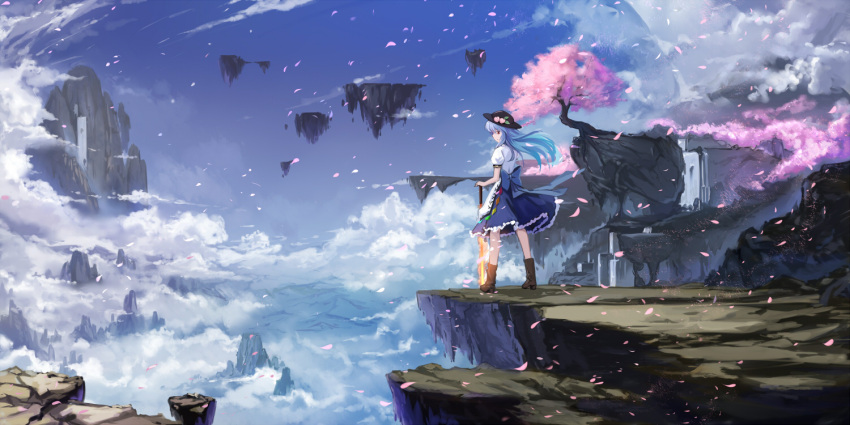 1girl blue_hair boots bow cherry_blossoms clouds cloudy.r hat hinanawi_tenshi landscape long_hair outdoors petals rock scenery skirt sky solo sword touhou tree weapon