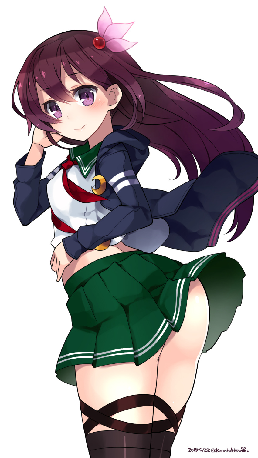 1girl ass black_legwear blush brown_hair cowboy_shot crescent_moon dated green_skirt hair_ornament highres hoodie kantai_collection kisaragi_(kantai_collection) kuro_chairo_no_neko long_hair long_sleeves looking_at_viewer moon paw_print pleated_skirt remodel_(kantai_collection) school_uniform serafuku simple_background skirt smile solo thigh-highs twitter_username violet_eyes white_background wind_lift