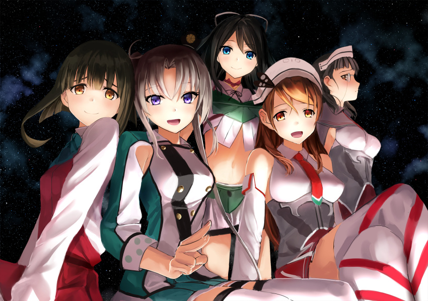 5girls akabane_rin akitsushima_(kantai_collection) bare_shoulders black_hair blue_eyes breasts brown_eyes brown_hair detached_sleeves earrings glasses green_hair hair_ornament hair_ribbon hat headdress highres japanese_clothes jewelry kantai_collection katsuragi_(kantai_collection) large_breasts littorio_(kantai_collection) long_hair looking_at_viewer military military_uniform mini_hat multiple_girls necktie open_mouth ribbon roma_(kantai_collection) shirt short_hair side_ponytail silver_hair skirt sleeveless sleeveless_shirt smile tagme takanami_(kantai_collection) thigh-highs twintails uniform violet_eyes
