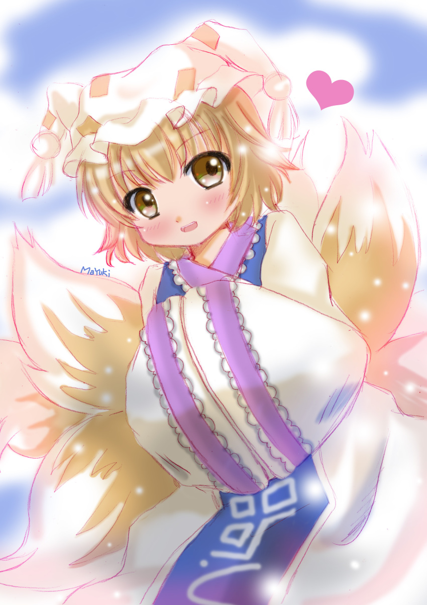1girl absurdres artist_name bending_forward blonde_hair dress fox_tail gradient gradient_background hands_in_sleeves hat hat_with_ears heart highres looking_at_viewer mayuki_(nami1120) multiple_tails open_mouth short_hair sketch solo tabard tail touhou yakumo_ran yellow_eyes