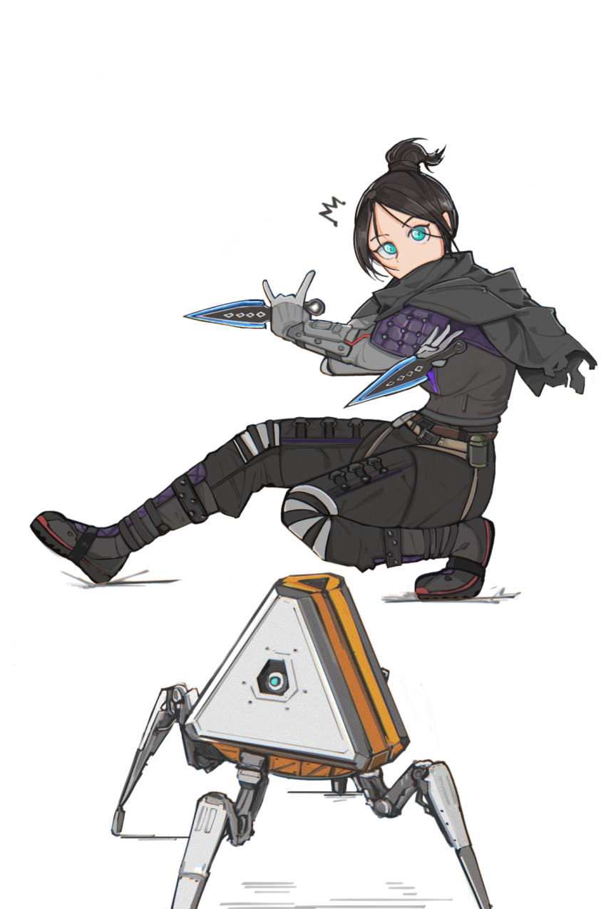 1girl \n/ apex_legends black_bodysuit black_hair black_scarf blue_eyes bodysuit dual_wielding gloves grey_gloves hair_behind_ear hair_bun highres holding holding_knife knife kunai lin_hai looking_to_the_side loot_tick robot scarf science_fiction squatting surprised weapon white_background wraith_(apex_legends)