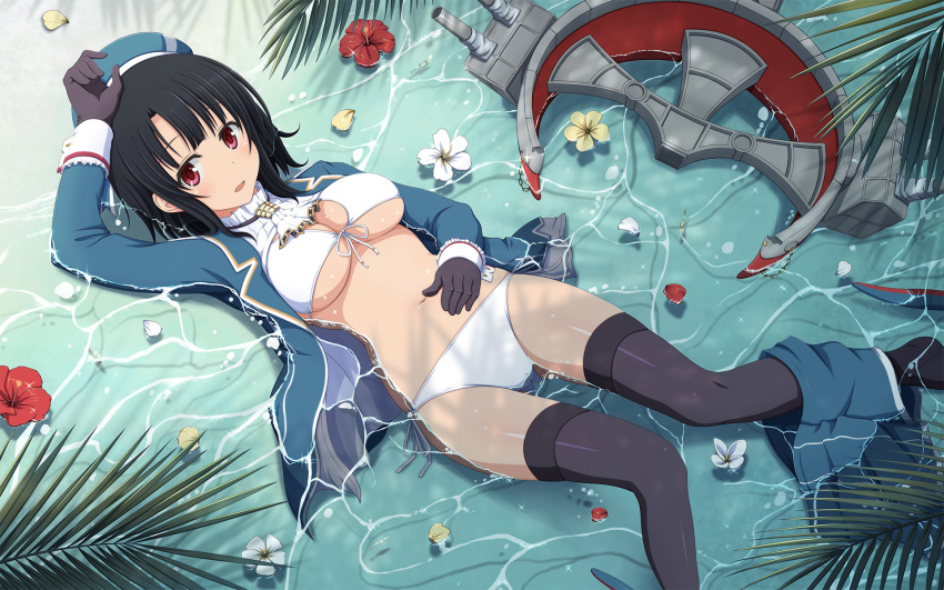 1girl arm_up bikini black_gloves black_hair black_legwear blush breasts cravat flower front-tie_bikini front-tie_top gloves hat hibiscus highres kantai_collection looking_at_viewer lying on_back partially_submerged red_eyes shira-nyoro short_hair smile solo swimsuit takao_(kantai_collection) thigh-highs under_boob white_bikini white_swimsuit