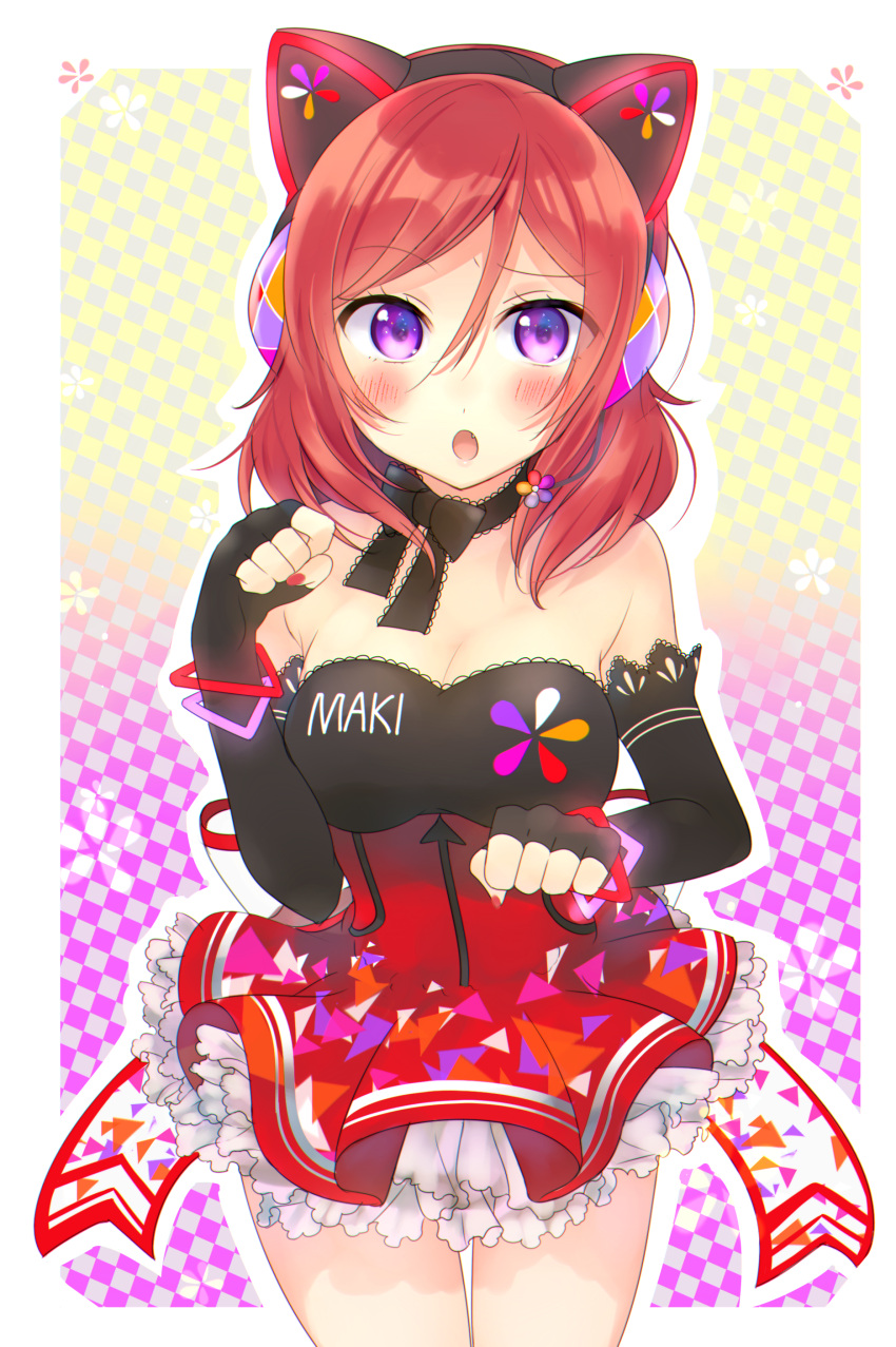 1girl absurdres animal_ears black_gloves blush breasts cat_ear_headphones cat_ears character_name checkered checkered_background choker cleavage dress elbow_gloves fingerless_gloves frilled_dress frills gloves headphones highres kakizato looking_at_viewer love_live!_school_idol_festival love_live!_school_idol_project nail_polish nishikino_maki outline paw_pose red_nails redhead ribbon_choker sash solo violet_eyes white_border white_outline