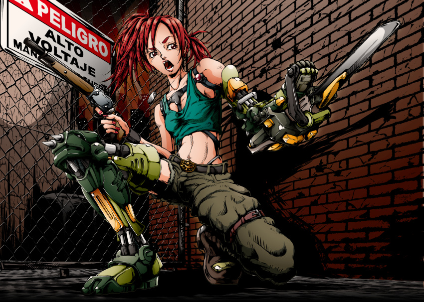 160 1girl alley asymmetrical_clothes asymmetrical_hair belt_buckle chain-link_fence chainsaw crop_top cyborg dual_wielding gun highres mechanical_arm mechanical_leg midriff nail_polish navel one_knee open_mouth original red_eyes redhead sawed-off_shotgun shotgun single_pantsleg small_breasts solo tank_top twintails uneven_twintails weapon winchester_model_1887 zombie_apocalypse
