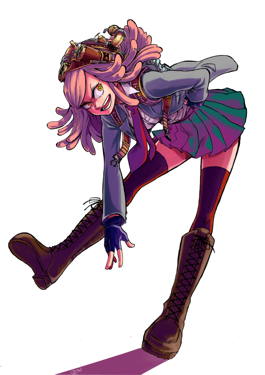 1girl bent_over black_gloves black_legwear boku_no_hero_academia boots brown_boots cross-laced_footwear crosshair fingerless_gloves full_body gloves goggles goggles_on_head green_skirt hatsume_mei highres lace-up_boots leg_up long_hair long_sleeves necktie open_mouth pink_hair pleated_skirt school_uniform simple_background skirt solo symbol-shaped_pupils thigh-highs white_background yellow_eyes yuu_(nicovideo)