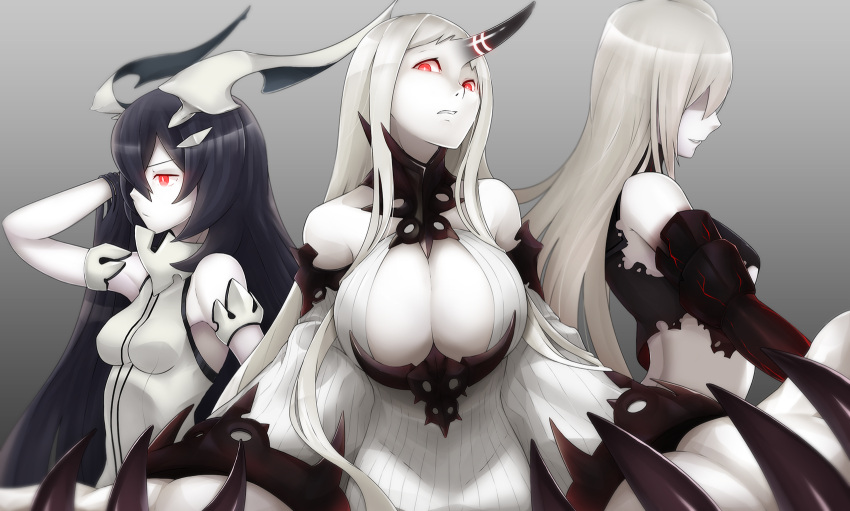 3girls aircraft_carrier_hime anchorage_water_oni bare_shoulders black_hair breasts bushidokuroi claws cleavage detached_sleeves dress gradient gradient_background grey_background highres horn horns huge_breasts kantai_collection long_hair long_sleeves multiple_girls oversize_forearms oversized_limbs red_eyes ribbed_dress seaport_water_oni shinkaisei-kan side_ponytail torn_clothes white_dress white_hair