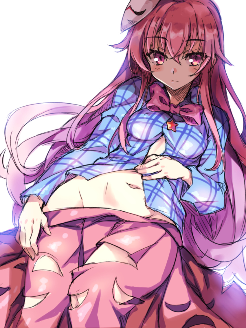 1girl expressionless groin hata_no_kokoro highres long_hair long_sleeves looking_at_viewer mask navel no_panties pink_eyes pink_hair plaid plaid_shirt redcomet shirt simple_background sketch skirt skirt_pull solo touhou very_long_hair white_background
