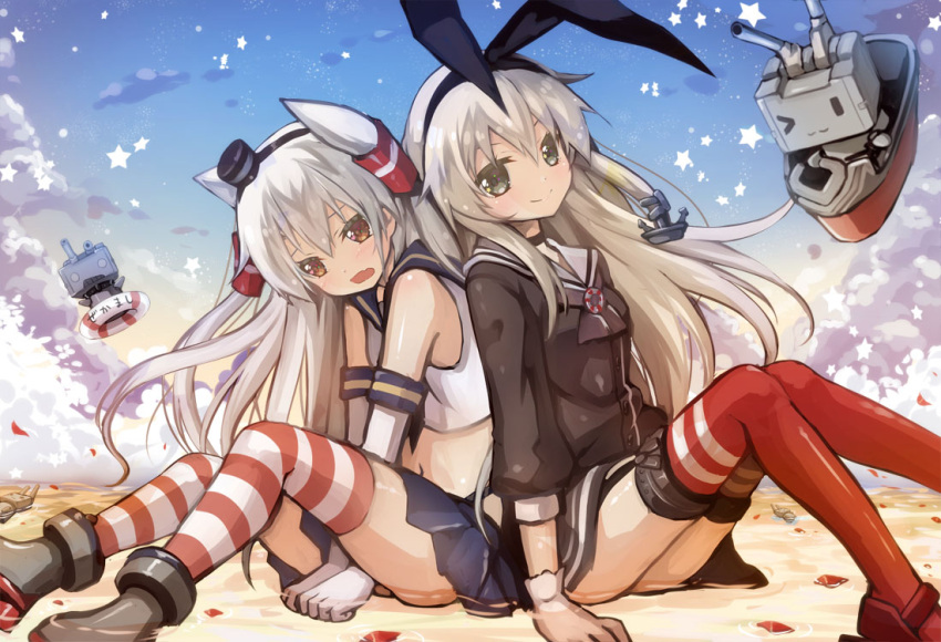 2girls amatsukaze_(kantai_collection) anchor_hair_ornament back-to-back bare_shoulders blonde_hair blue_skirt bow brown_eyes cosplay costume_switch crop_top elbow_gloves gloves grey_eyes hair_bow hair_ornament hair_tubes hairband headgear kantai_collection long_hair looking_at_viewer midriff mitsuki multiple_girls neckerchief open_mouth pleated_skirt red_legwear rensouhou-chan rensouhou-kun sailor_collar sailor_dress shimakaze_(kantai_collection) silver_hair single_glove skirt smile striped striped_legwear thigh-highs two_side_up white_gloves