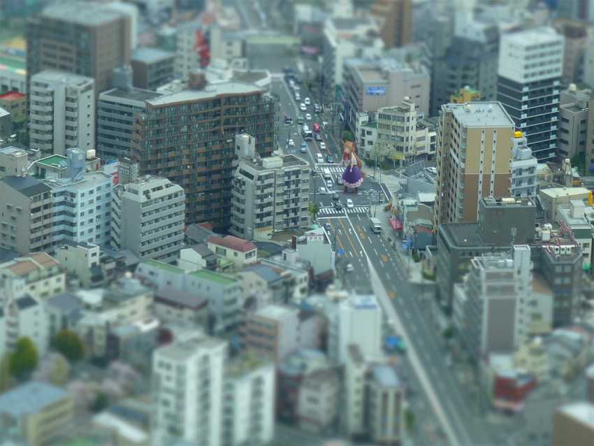 1girl apartment blurry car chromatic_aberration city cityscape giantess ibuki_suika kuro_oolong long_hair low-tied_long_hair motor_vehicle road solo street touhou traffic tree van vehicle very_long_hair