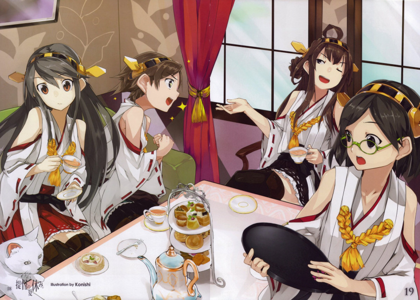 4girls cat chair couch cup dessert drapes food fork glasses haruna_(kantai_collection) hiei_(kantai_collection) highres kantai_collection kirishima_(kantai_collection) kongou_(kantai_collection) konishi_(koconatu) multiple_girls name_tag official_art saucer table tea_stand teacup teapot tray window