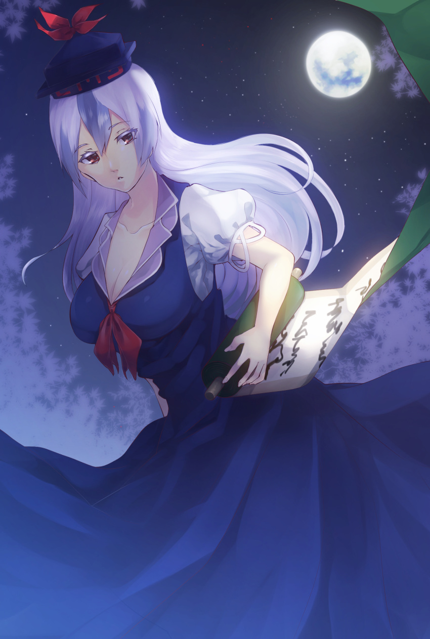 1girl ascot backlighting blue_hair breasts cleavage collarbone colored_eyelashes expressionless eyebrows_visible_through_hair eyes_visible_through_hair from_below full_moon hat highres kamishirasawa_keine large_breasts long_hair looking_at_viewer looking_down moon moonlight multicolored_hair night night_sky nose parted_lips puffy_short_sleeves puffy_sleeves red_eyes short_sleeves sky solo star_(sky) starry_sky touhou tree two-tone_hair