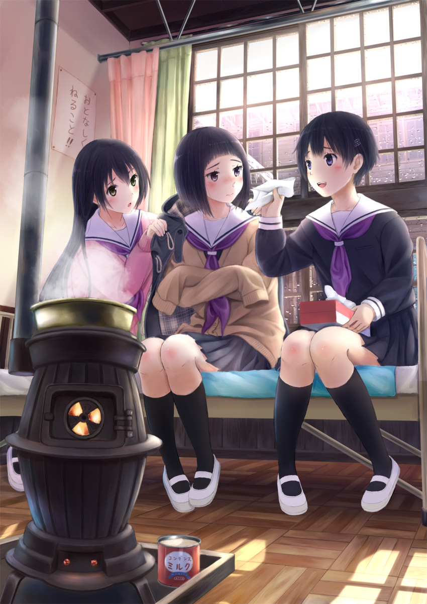 3girls bangs bed black_hair black_legwear blunt_bangs blush bob_cut can cardigan crossed_arms curtains hair_ornament hairclip hand_on_another's_shoulder hands_in_sleeves highres holding indoors infirmary jacket kneehighs knees_together_feet_apart legs_together light_smile long_hair long_sleeves mary_janes multiple_girls neckerchief nose_blush on_bed open_mouth original pleated_skirt rain sailor_collar school_uniform serafuku shoes short_hair sick side-by-side sitting skirt smile steam stove taka_(tsmix) tissue tissue_box violet_eyes window wooden_floor yellow_eyes