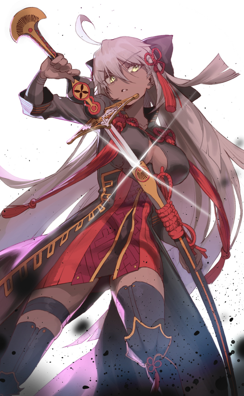 1girl ahoge arm_up armored_boots bangs black_bow black_coat black_footwear black_legwear boots bow breasts cleavage coat commentary_request dark_skin dress eyebrows_visible_through_hair fate/grand_order fate_(series) gradient gradient_background green_eyes grey_background hair_between_eyes hair_bow hair_ornament head_tilt highres holding holding_sword holding_weapon kanzarin_(hoochikiss) koha-ace large_breasts long_hair okita_souji_(alter)_(fate) okita_souji_(fate)_(all) open_clothes open_coat parted_lips red_dress sheath silver_hair solo sword tassel thigh-highs thigh_boots unsheathing very_long_hair weapon white_background