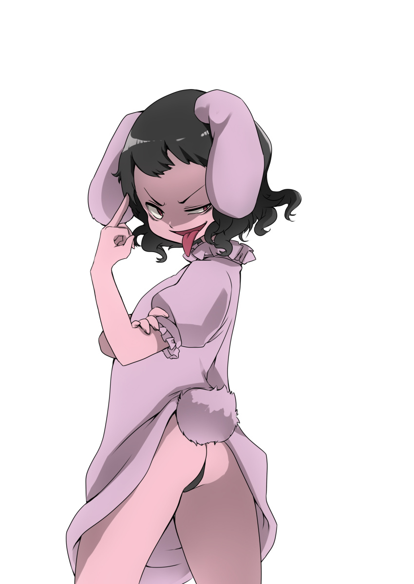 1girl absurdres animal_ears ass black_hair black_panties bunny_tail dress dress_lift highres inaba_tewi looking_at_viewer middle_finger namauni open_mouth panties pink_dress puffy_short_sleeves puffy_sleeves rabbit_ears red_eyes short_sleeves smile solo tail tongue tongue_out touhou underwear uneven_eyes
