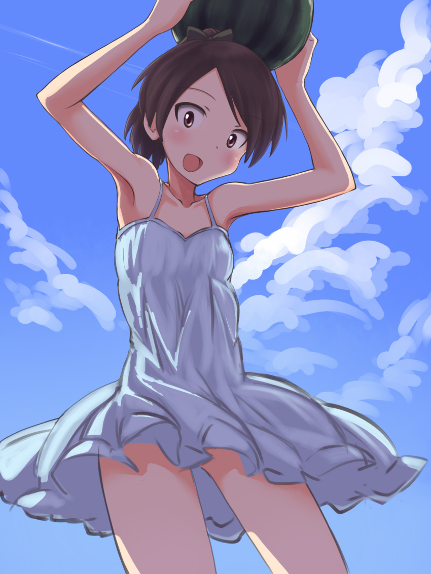 1girl :d a9b_(louis814) alternate_costume arms_up bare_legs bare_shoulders blue_sky blush brown_eyes brown_hair collarbone cowboy_shot dress food fruit hair_ornament high_ponytail highres kantai_collection open_mouth shikinami_(kantai_collection) sky smile solo sundress watermelon