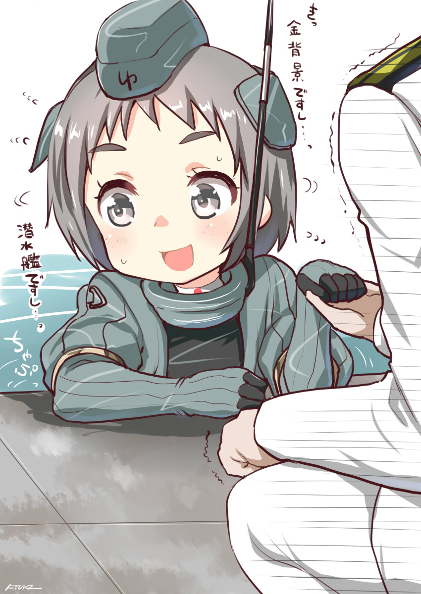 1boy 1girl absurdres admiral_(kantai_collection) alternate_costume arm_warmers bent_knees black_eyes black_hair cropped_jacket floating garrison_cap hair_ornament hat highres holding_hands kantai_collection kriegsmarine long_sleeves looking_to_the_side maru-yu_(kantai_collection) military military_uniform open_mouth partially_submerged puffy_sleeves ryuki_(ryukisukune) short_hair trembling u-511_(kantai_collection) u-511_(kantai_collection)_(cosplay) uniform