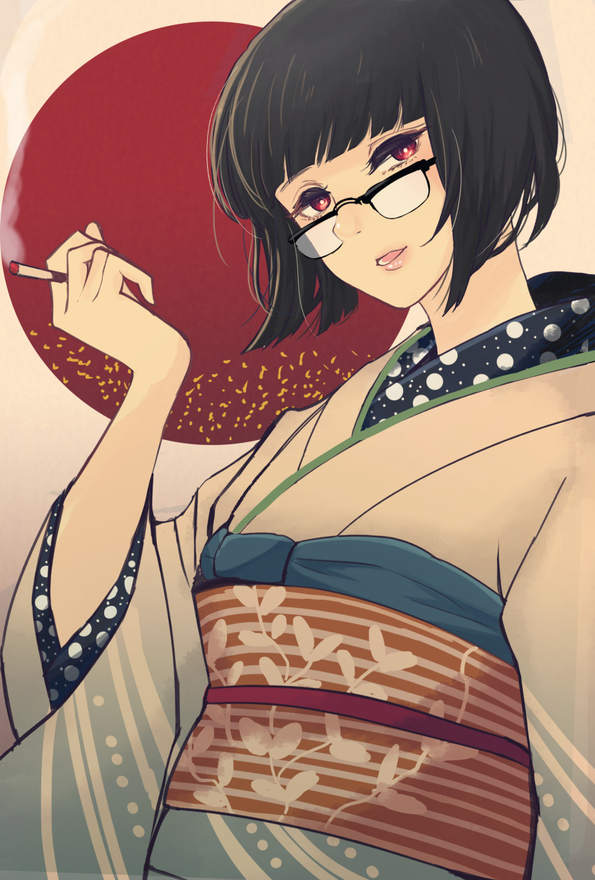 1girl absurdres bangs bashikou black-framed_glasses black_hair blunt_bangs cigarette glasses highres japanese_clothes kimono looking_at_viewer original over-rim_glasses parted_lips red_eyes semi-rimless_glasses short_hair simple_background smoke smoking solo sun