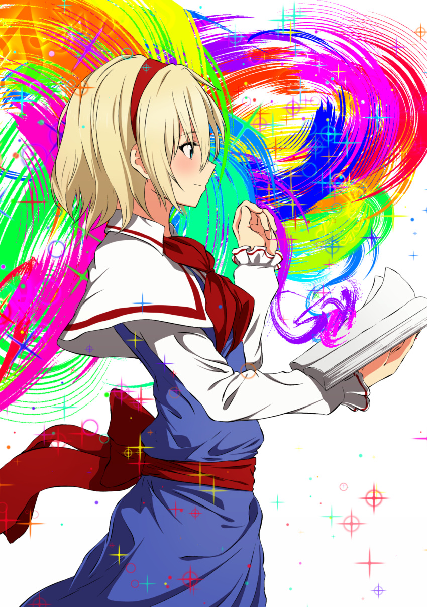 1girl alice_margatroid aono_meri ascot blonde_hair blue_dress blue_eyes blush book bow capelet check_commentary colorful commentary_request dress frilled_sleeves frills hairband hand_up highres holding holding_book magic open_book profile short_hair simple_background smile solo sparkle touhou white_background