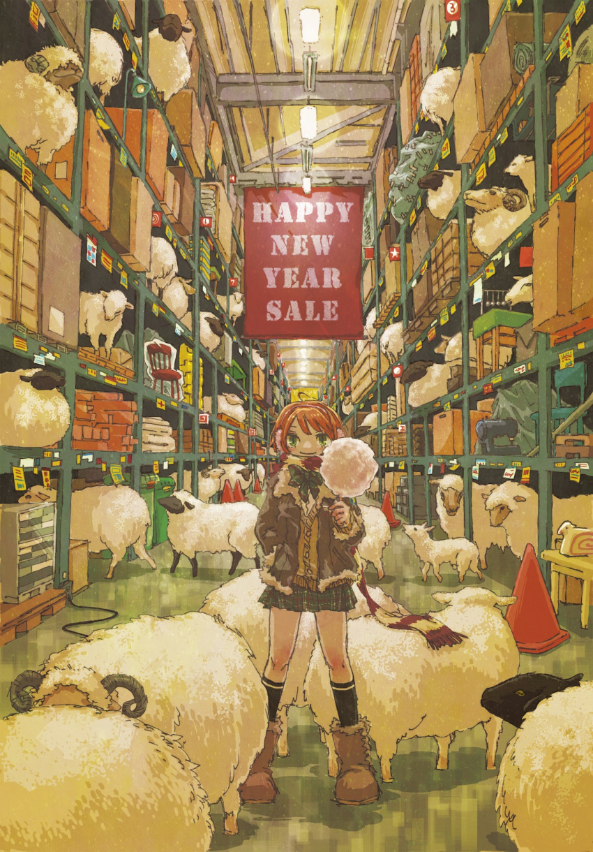 1girl ahoge animal black_legwear boots bowtie box chair cotton_candy earmuffs eating fur_trim green_eyes hand_in_pocket happy_new_year harumushi highres indoors kneehighs looking_at_viewer miniskirt new_year orange_hair original plaid plaid_skirt sale scarf sewing_machine sheep shelf short_hair skirt standing storage_room striped striped_scarf traffic_cone