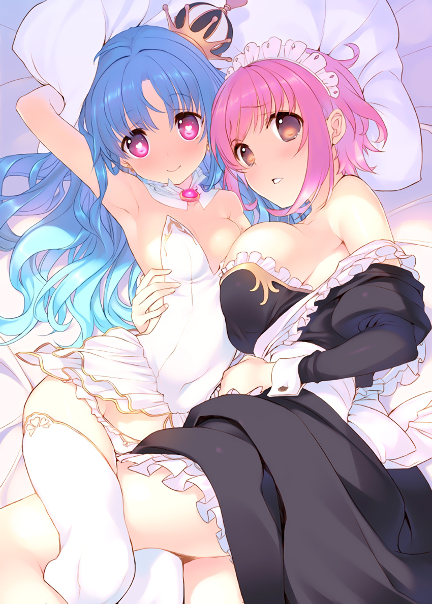 2girls apron armpits bare_shoulders blue_hair blush breast_press breasts covered_navel crown dress heart heart-shaped_pupils highres large_breasts long_hair looking_at_viewer maid maid_headdress md5_mismatch mini_crown multiple_girls off_shoulder original panties pink_hair red_eyes short_hair small_breasts smile strapless_dress symbol-shaped_pupils tatami_to_hinoki tears thigh-highs underwear white_legwear white_panties