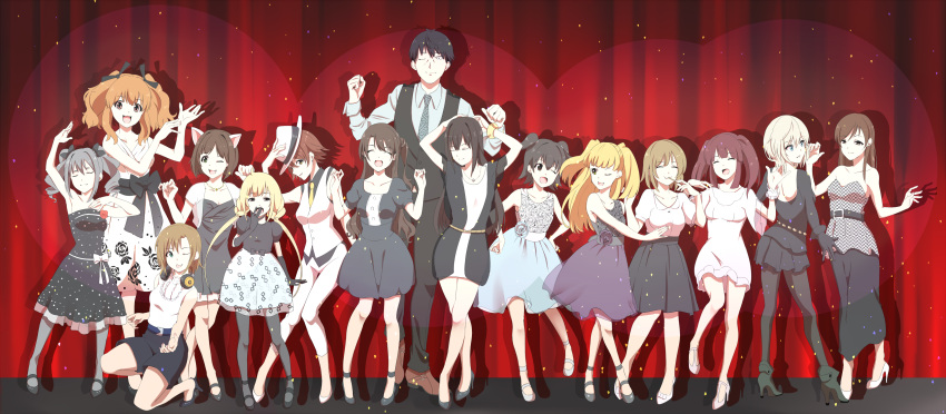 1boy 6+girls absurdres akagi_miria anastasia_(idolmaster) black_hair blonde_hair brown_eyes brown_hair dress egooo formal futaba_anzu hat headphones highres honda_mio idolmaster idolmaster_cinderella_girls jougasaki_rika kanzaki_ranko long_hair maekawa_miku mimura_kanako moroboshi_kirari multiple_girls necktie nitta_minami ogata_chieri open_mouth producer_(idolmaster_cinderella_girls_anime) shibuya_rin shimamura_uzuki short_hair silver_hair smile tada_riina twintails two_side_up