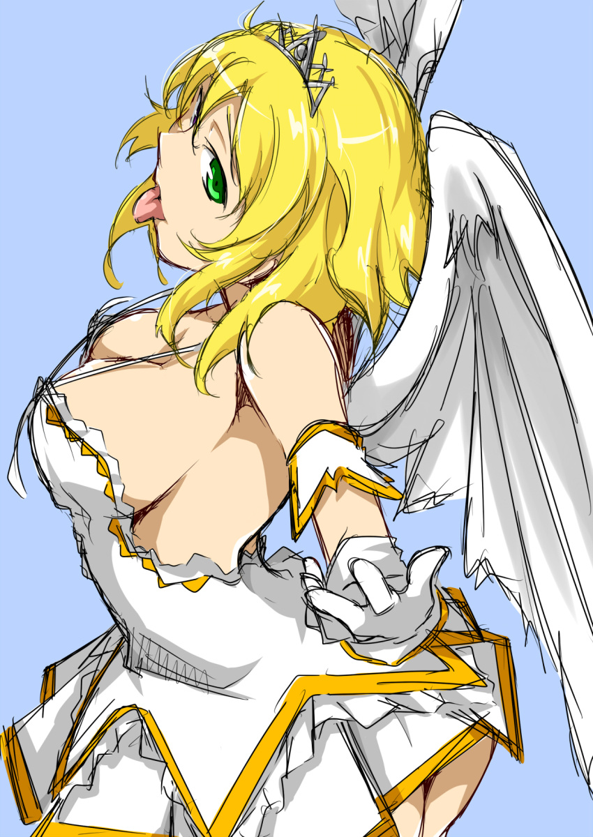 1girl angel_wings blonde_hair blue_background breasts cleavage feathered_wings gloves green_eyes heterochromia highres large_breasts manabebebe ryouna_(senran_kagura) senran_kagura senran_kagura_(series) senran_kagura_shinovi_versus short_hair sideboob simple_background solo tiara tongue tongue_out violet_eyes white_gloves white_wings wings