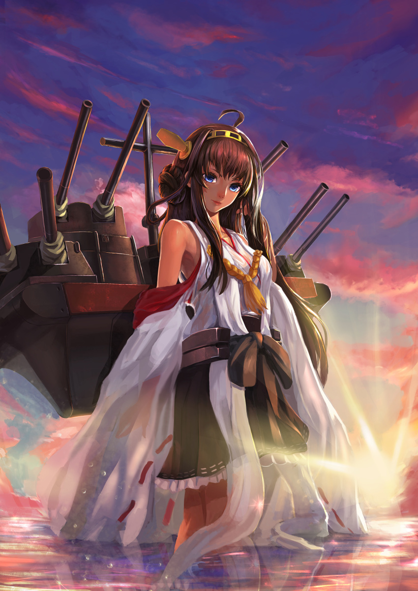 1girl absurdres ahoge bare_shoulders boots brown_hair cannon cowboy_shot double_bun hairband highres kantai_collection kongou_(kantai_collection) long_hair looking_at_viewer mecha_musume nontraditional_miko skirt solo sun sunset thigh-highs thigh_boots turret wading