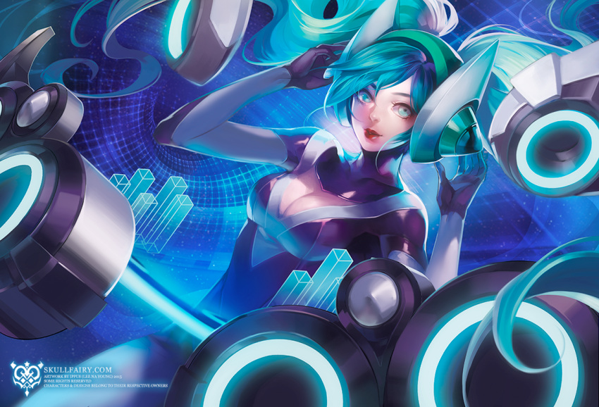 1girl alternate_costume aqua_eyes aqua_hair breasts cleavage league_of_legends lips long_hair na_young_lee solo sona_buvelle twintails very_long_hair watermark web_address