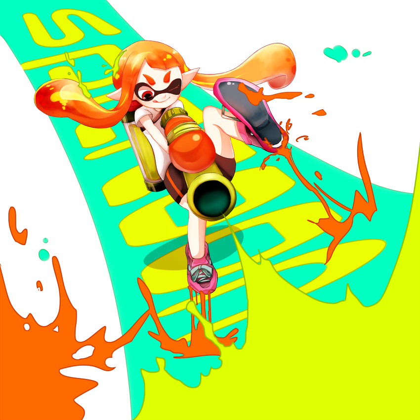 1girl ;q aiming bike_shorts copyright_name flat_chest full_body highres inkling jumping long_hair mask omi_(gxtm) one_eye_closed orange_eyes orange_hair paint_splatter payot pointy_ears shoes sneakers solo splatoon super_soaker tentacle_hair tongue tongue_out twintails