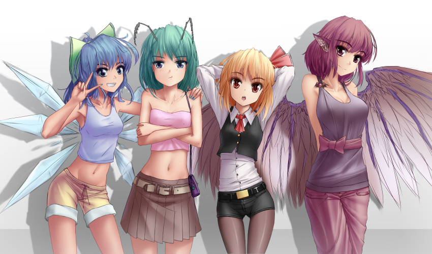 4girls adapted_costume alternate_costume animal_ears antennae arms_behind_head ascot bag bare_shoulders belt bird_wings blonde_hair blue_eyes blue_hair brown_legwear cirno contemporary crop_top crossed_arms gradient gradient_background green_eyes green_hair grin hair_ribbon hand_on_another's_shoulder handbag hater_(artist) highres ice ice_wings long_sleeves looking_at_viewer midriff multiple_girls mystia_lorelei nail_polish navel no_hat open_mouth pants pantyhose pink_eyes pink_hair pout red_eyes ribbon rumia sash short_hair shorts simple_background skirt sleeveless slit_pupils smile touhou v vest wings wriggle_nightbug