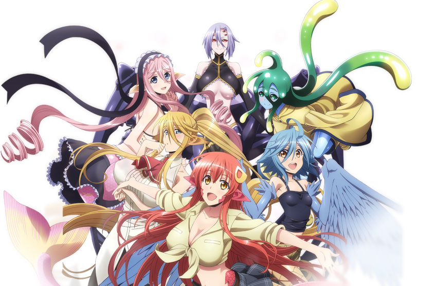 6+girls :d ahoge animal_ears arachne blonde_hair blue_hair blue_skin blue_wings breasts camisole centaur centorea_shianus cleavage drill_hair extra_eyes fang feathered_wings goo_girl green_eyes green_hair hair_ornament hairclip harpy head_fins horse_ears huge_breasts insect_girl lamia long_hair maid_headdress mermaid meroune_lorelei miia_(monster_musume) monster_girl monster_musume_no_iru_nichijou multiple_girls multiple_legs navel official_art open_mouth papi_(monster_musume) payot petals pink_hair pointy_ears ponytail purple_hair rachnera_arachnera raincoat red_eyes redhead scales scan shirt skirt sleeveless slit_pupils small_breasts smile spider_girl suu_(monster_musume) tentacle_hair tied_shirt under_boob very_long_hair webbed_hands wings yellow_eyes