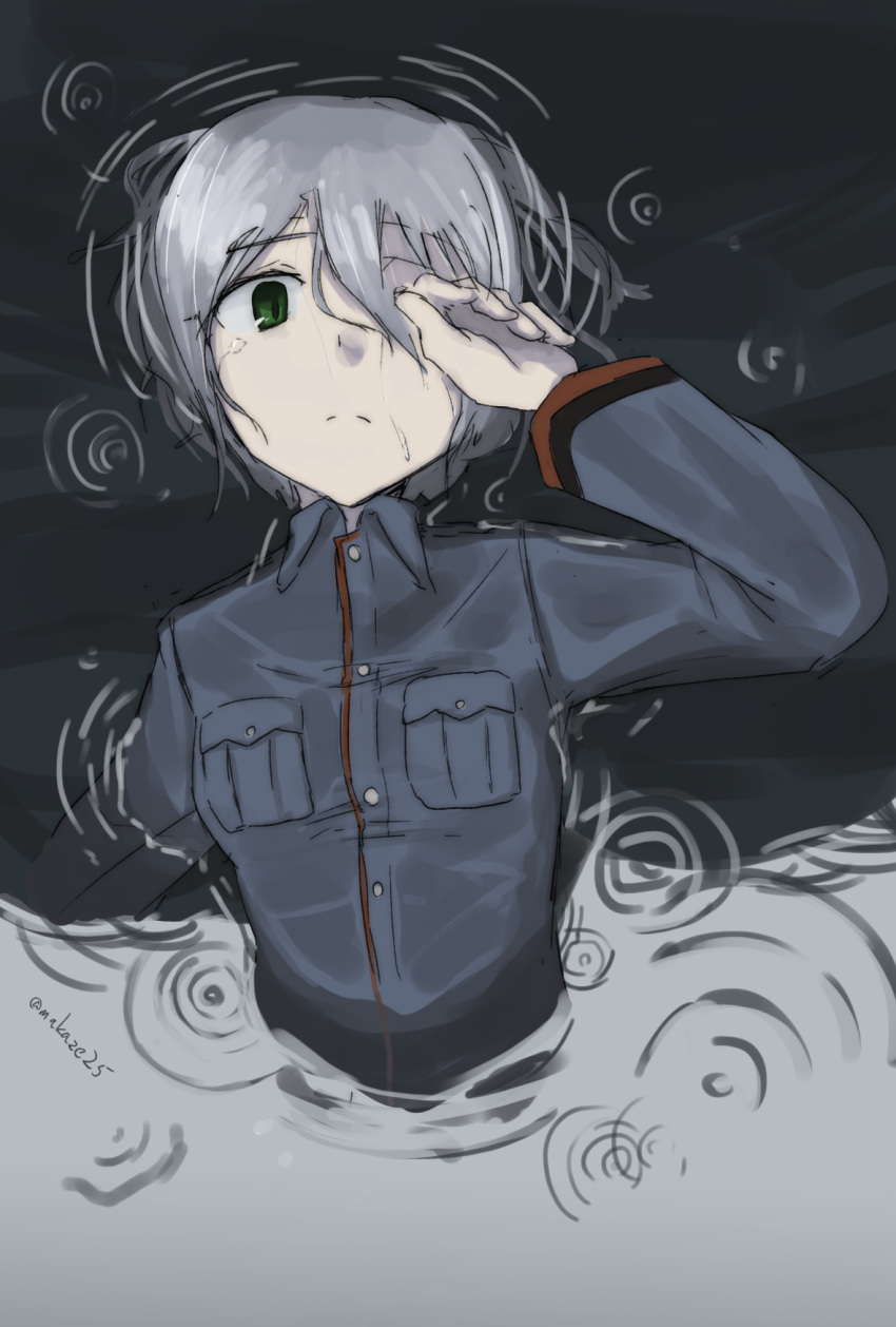 1girl green_eyes hand_over_eye highres laura_toth long_sleeves makaze_(t-junction) military military_uniform partially_submerged short_hair silver_hair solo strike_witches twitter_username uniform water wet