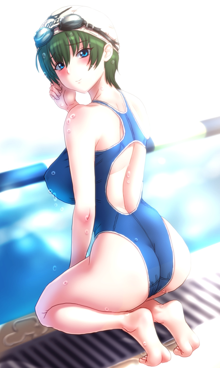 1girl ass blue_eyes competition_swimsuit goggles goggles_on_head green_hair highres kezune_(i-_-i) kneeling one-piece_swimsuit original poolside short_hair swim_cap swimsuit