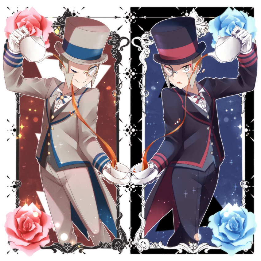 2boys ;) arm_up border brothers buttons closed_mouth commentary_request cup emmet_(pokemon) emmet_(special_costume)_(pokemon) flower gloves grey_eyes hat highres ingo_(pokemon) ingo_(special_costume)_(pokemon) jacket male_focus mocacoffee_1001 monocle multiple_boys official_alternate_costume one_eye_closed pants pokemon pokemon_(game) pokemon_masters_ex pouring saucer shirt siblings smile split_mouth tailcoat tea teacup teapot top_hat vest white_border white_gloves