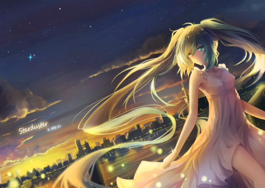 1girl artist_name bracelet cityscape clouds dress dutch_angle green_eyes green_hair hatsune_miku highres jewelry long_hair necklace sky solo sunset twintails very_long_hair vocaloid