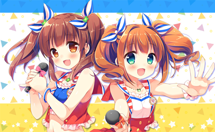 2girls :d bangs blue_eyes blunt_bangs bow bracelet brown_eyes brown_hair curly_hair hair_ornament idolmaster idolmaster_cinderella_girls jewelry looking_at_viewer microphone midriff multiple_girls necklace ogata_chieri open_mouth outstretched_hand pin pinky_out sleeveless smile suimya takatsuki_yayoi twintails