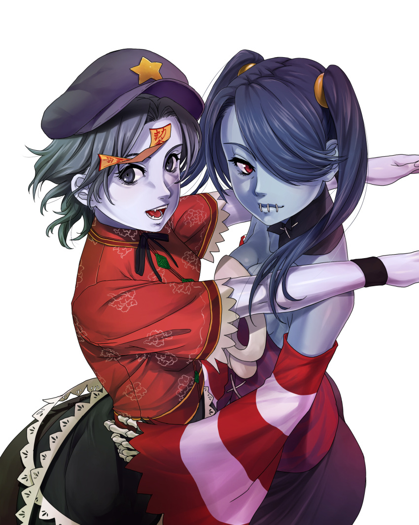 2girls absurdres bare_shoulders blue_eyes blue_hair blue_skin chinese_clothes cowboy_shot crossover detached_collar detached_sleeves facing_viewer fangs flat_cap hair_over_one_eye hand_on_hip hat highres himegami_shino looking_at_viewer miyako_yoshika multiple_girls ofuda open_mouth outstretched_arms red_eyes short_hair short_sleeves side_glance simple_background skeletal_arm skirt skull skullgirls sleeves_past_wrists squigly_(skullgirls) star stitched_mouth striped_sleeves touhou trait_connection twintails white_background zombie_pose