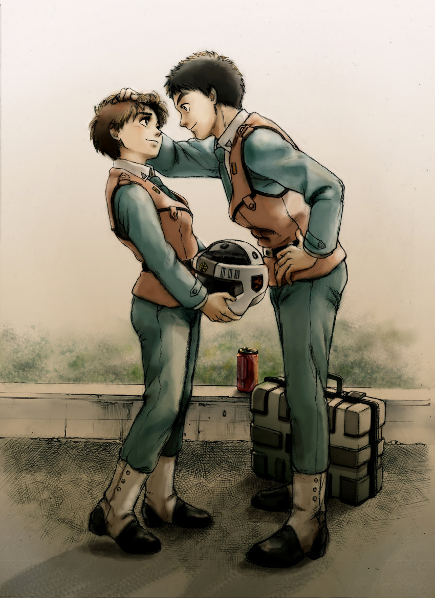 1boy 1girl absurdres black_hair briefcase brown_hair can colored_pencil_(medium) couple gaiters graphite_(medium) hand_on_another's_head helmet highres holding izumi_noa kidou_keisatsu_patlabor leaning_forward looking_at_another necktie patting shinohara_asuma short_hair smile traditional_media uirina uniform