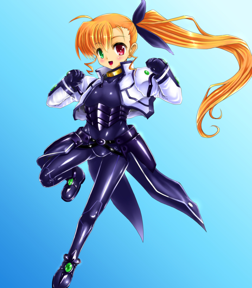 blonde_hair bodysuit gao_(naodayo) gloves heterochromia highres long_hair lyrical_nanoha mahou_shoujo_lyrical_nanoha_strikers mahou_shoujo_lyrical_nanoha_vivid side_ponytail vivio